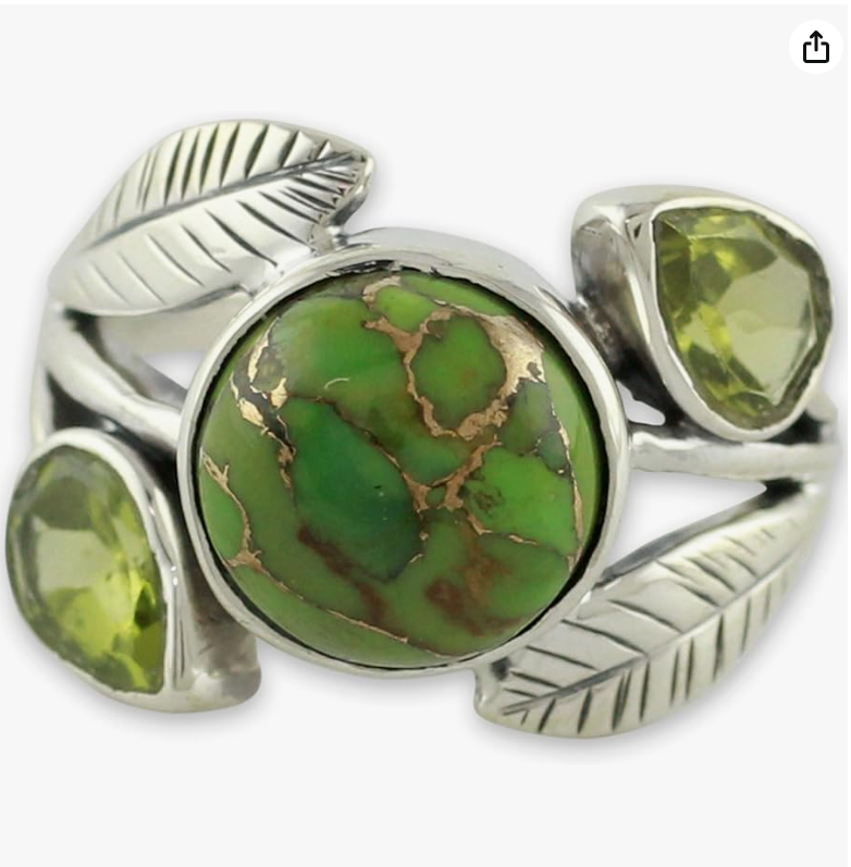 A green cocktail ring made with composite turquoise stones.